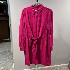 LOFT Pink Tie Front Bishop Sleeve Shirt Dress